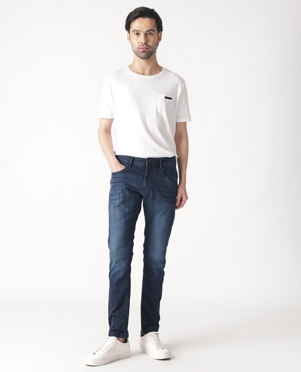 Rare Rabbit Men's Oeko Navy Mid Wash Mid-Rise Slim Fit Jeans