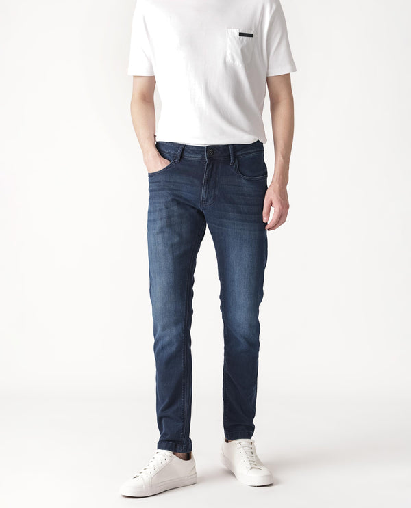 Rare Rabbit Men's Oeko Navy Mid Wash Mid-Rise Slim Fit Jeans
