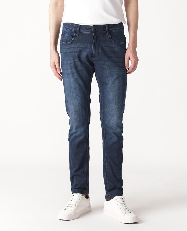 Rare Rabbit Men's Oeko Navy Mid Wash Mid-Rise Slim Fit Jeans