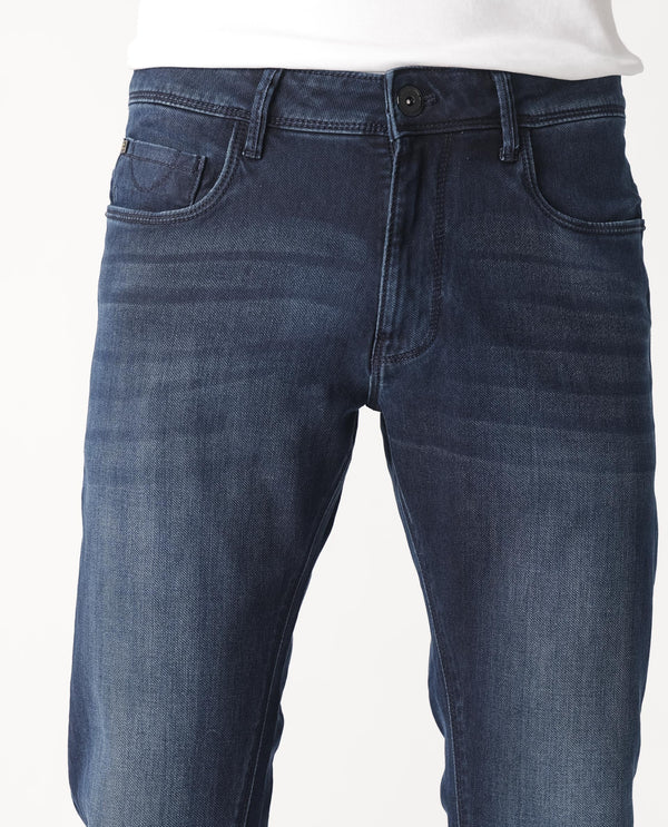 Rare Rabbit Men's Oeko Navy Mid Wash Mid-Rise Slim Fit Jeans