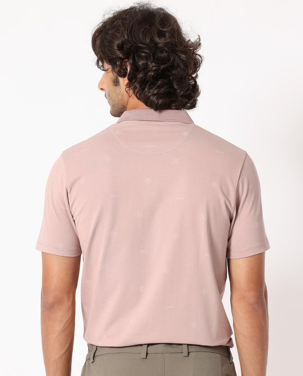 Rare Rabbit Men's Ogram Dusky Pink Cotton Lycra Fabric Collared Neck Snap Button Half Sleeves Monogram Polo T-Shirt