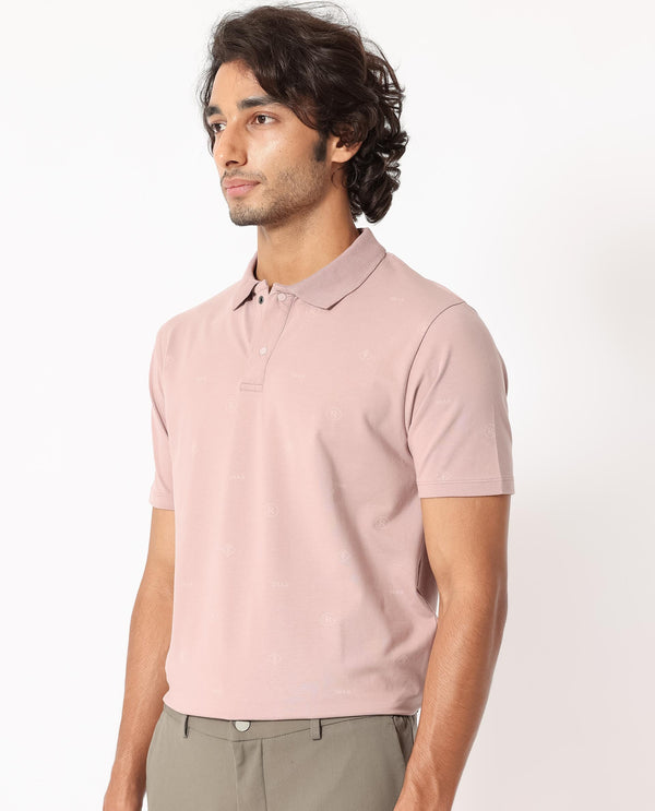 Rare Rabbit Men's Ogram Dusky Pink Cotton Lycra Fabric Collared Neck Snap Button Half Sleeves Monogram Polo T-Shirt