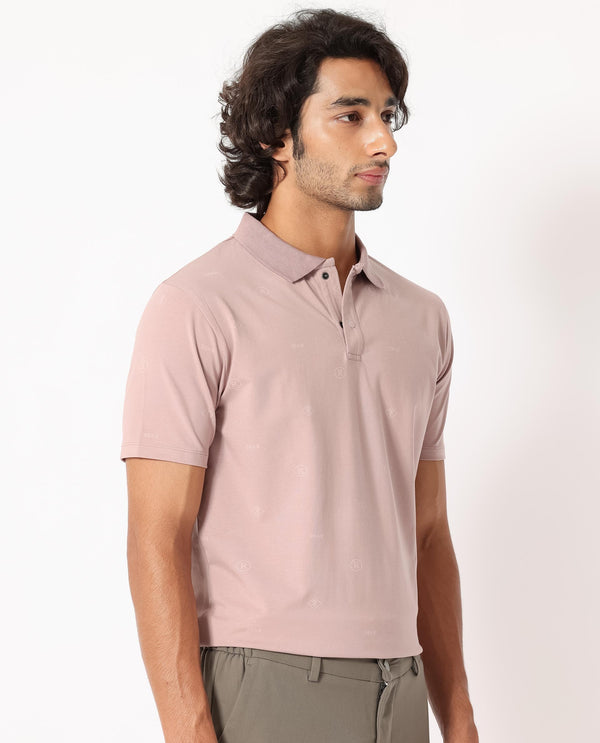 Rare Rabbit Men's Ogram Dusky Pink Cotton Lycra Fabric Collared Neck Snap Button Half Sleeves Monogram Polo T-Shirt