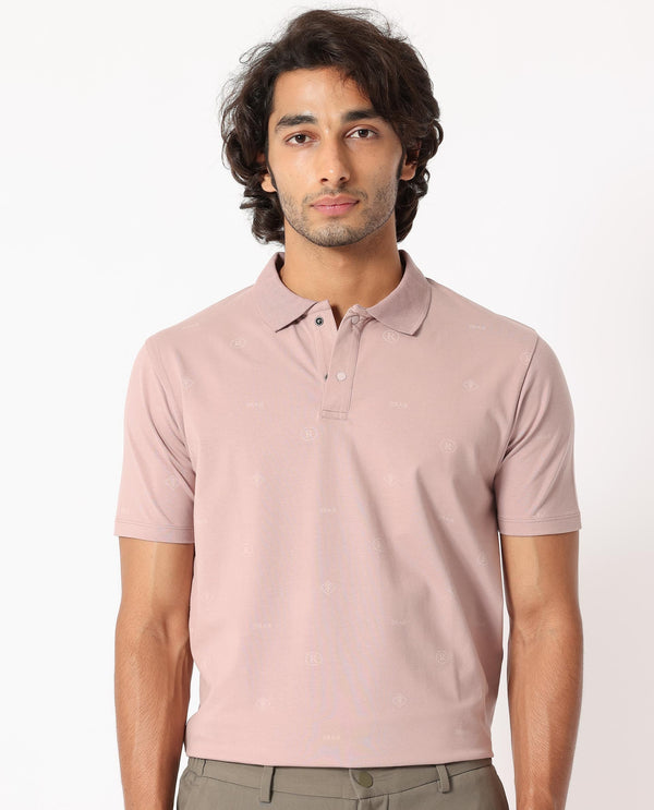 Rare Rabbit Men's Ogram Dusky Pink Cotton Lycra Fabric Collared Neck Snap Button Half Sleeves Monogram Polo T-Shirt