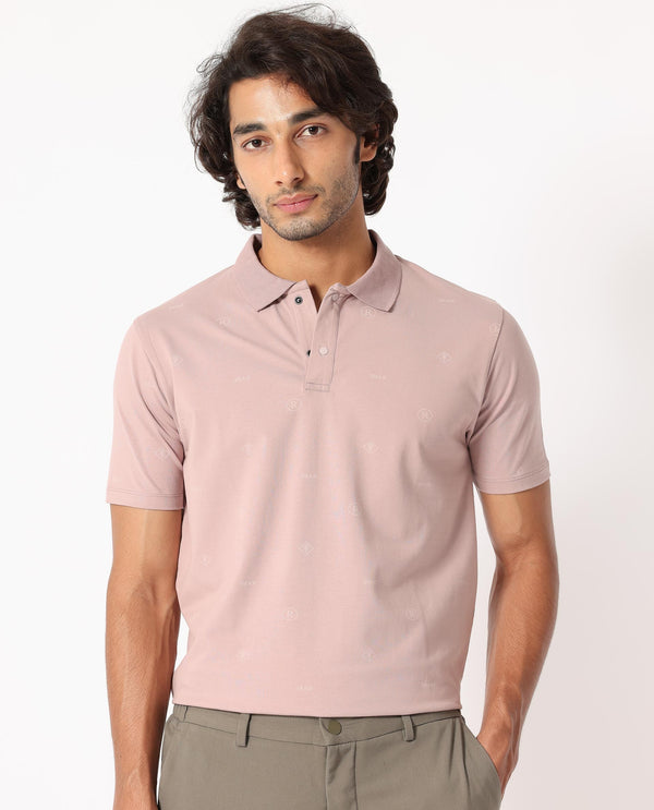Rare Rabbit Men's Ogram Dusky Pink Cotton Lycra Fabric Collared Neck Snap Button Half Sleeves Monogram Polo T-Shirt