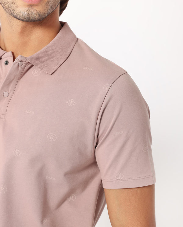 Rare Rabbit Men's Ogram Dusky Pink Cotton Lycra Fabric Collared Neck Snap Button Half Sleeves Monogram Polo T-Shirt