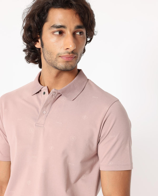 Rare Rabbit Men's Ogram Dusky Pink Cotton Lycra Fabric Collared Neck Snap Button Half Sleeves Monogram Polo T-Shirt