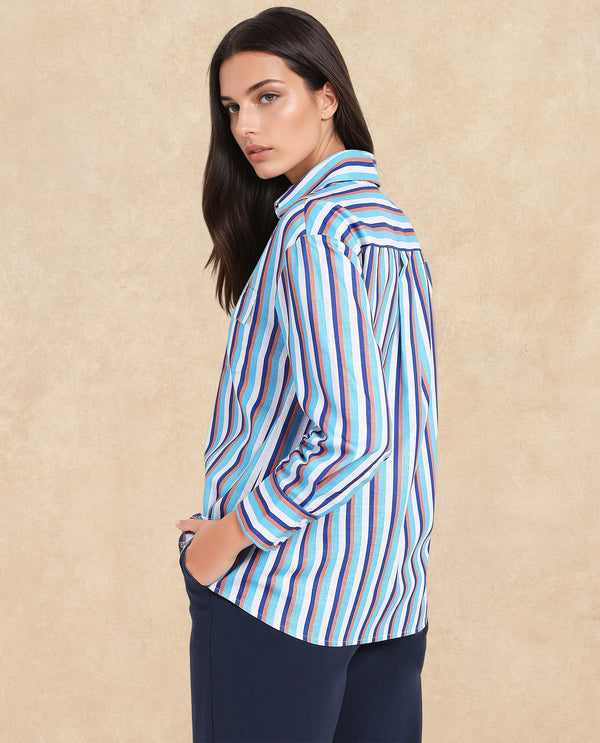 Rareism Women Oharau Blue Linen Cuffed Sleeves Collared Neck Button Closure Narrow Stipes Shirt