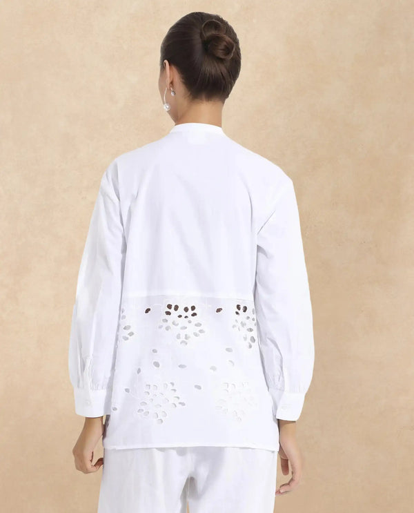 Rareism Women Oia White Cuffed Sleeve Mandarin Collar Button Closure Relaxed Fit Plain Top