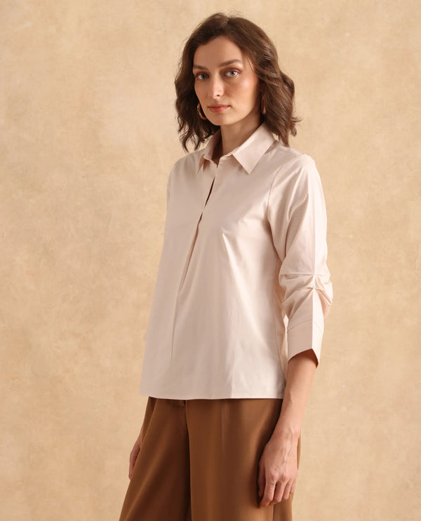 Rareism Women Oilip Beige Cotton Blend Fabric Slit Sleeve V-Neck Plain Top