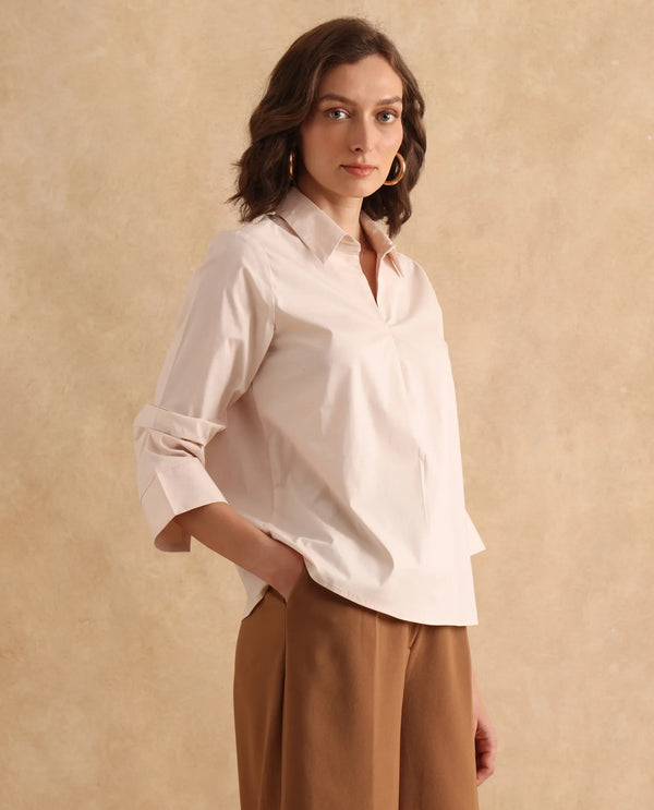 Rareism Women Oilip Beige Cotton Blend Fabric Slit Sleeve V-Neck Plain Top