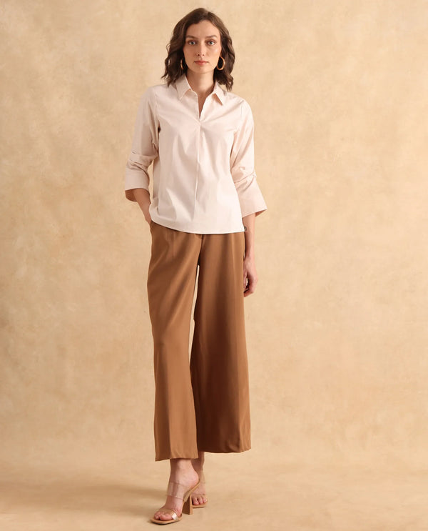 Rareism Women Oilip Beige Cotton Blend Fabric Slit Sleeve V-Neck Plain Top