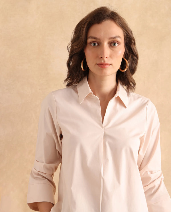 Rareism Women Oilip Beige Cotton Blend Fabric Slit Sleeve V-Neck Plain Top