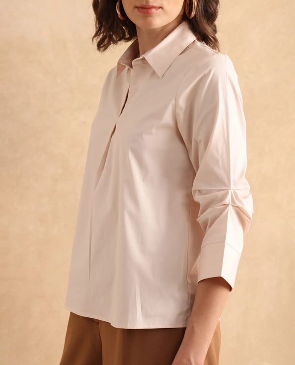 Rareism Women Oilip Beige Cotton Blend Fabric Slit Sleeve V-Neck Plain Top