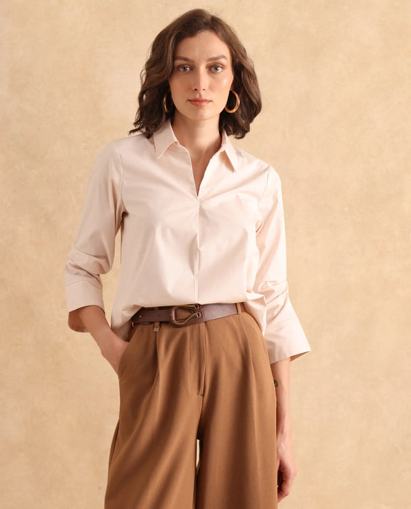 Rareism Women Oilip Beige Cotton Blend Fabric Slit Sleeve V-Neck Plain Top