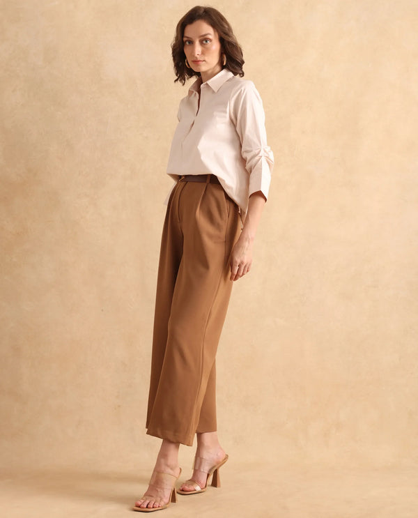 Rareism Women Oilip Beige Cotton Blend Fabric Slit Sleeve V-Neck Plain Top