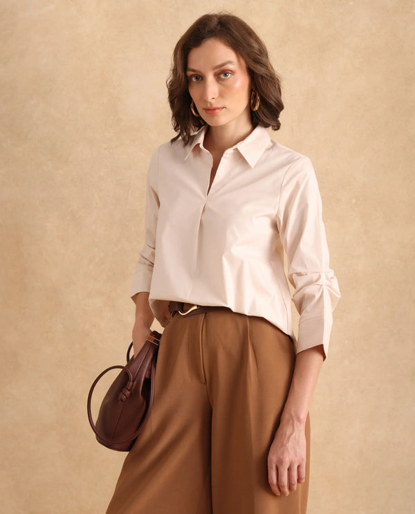 Rareism Women Oilip Beige Cotton Blend Fabric Slit Sleeve V-Neck Plain Top