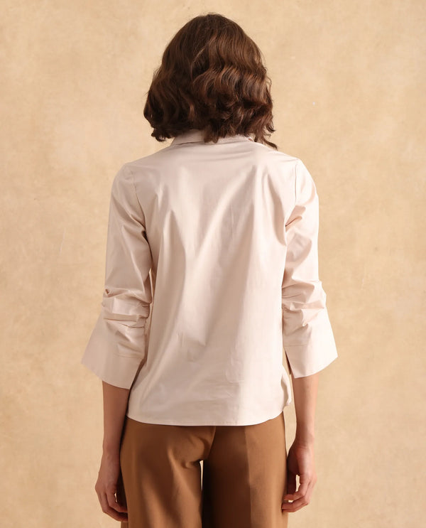 Rareism Women Oilip Beige Cotton Blend Fabric Slit Sleeve V-Neck Plain Top