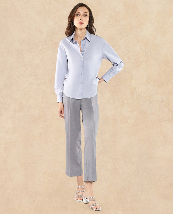 Rareism Women Oisin Light Grey Cuffed Sleeves Collared Neck Button Closure Plain Top