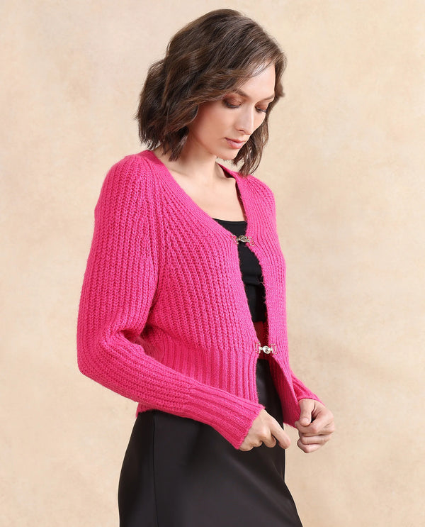 Rareism Women Okali Pink Relaxed Fit Plain Cardigan