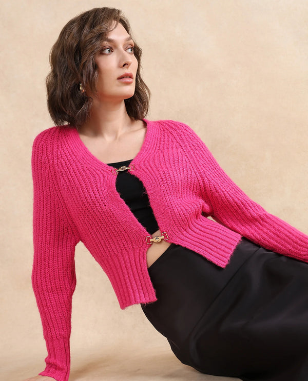 Rareism Women Okali Pink Relaxed Fit Plain Cardigan