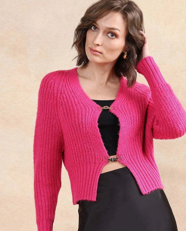 Rareism Women Okali Pink Relaxed Fit Plain Cardigan