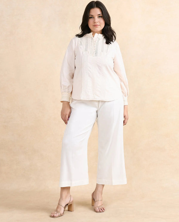 Rareism Women Olafi Beige Bishop Sleeve High Neck Button Closure Regular Fit Plain Top