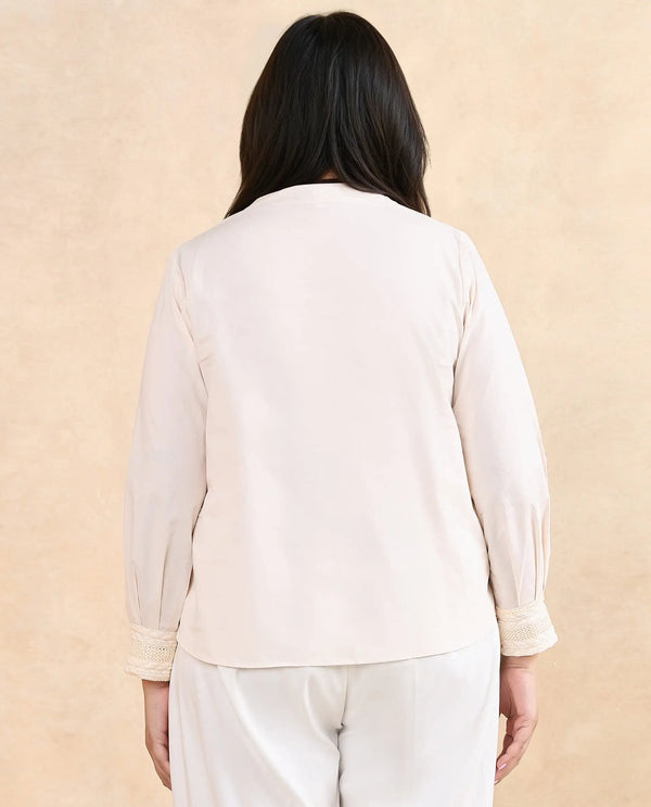 Rareism Women Olafi Beige Bishop Sleeve High Neck Button Closure Regular Fit Plain Top