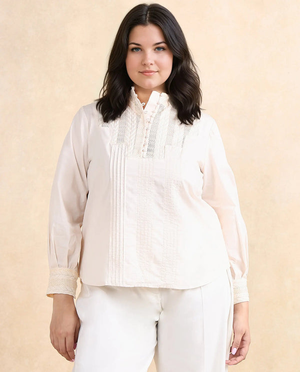 Rareism Women Olafi Beige Bishop Sleeve High Neck Button Closure Regular Fit Plain Top