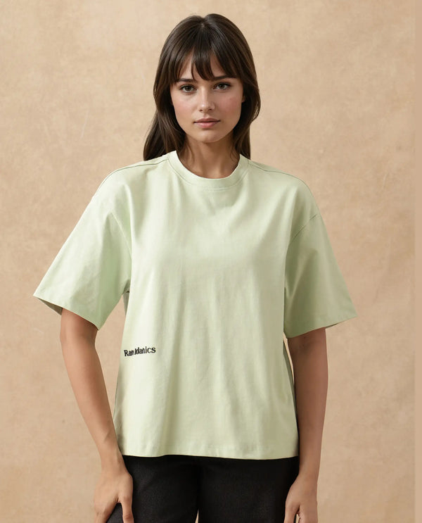 Rareism Women Olaf Pastel Green Cotton Fabric Short Sleeve Crew Neck Solid T-Shirt