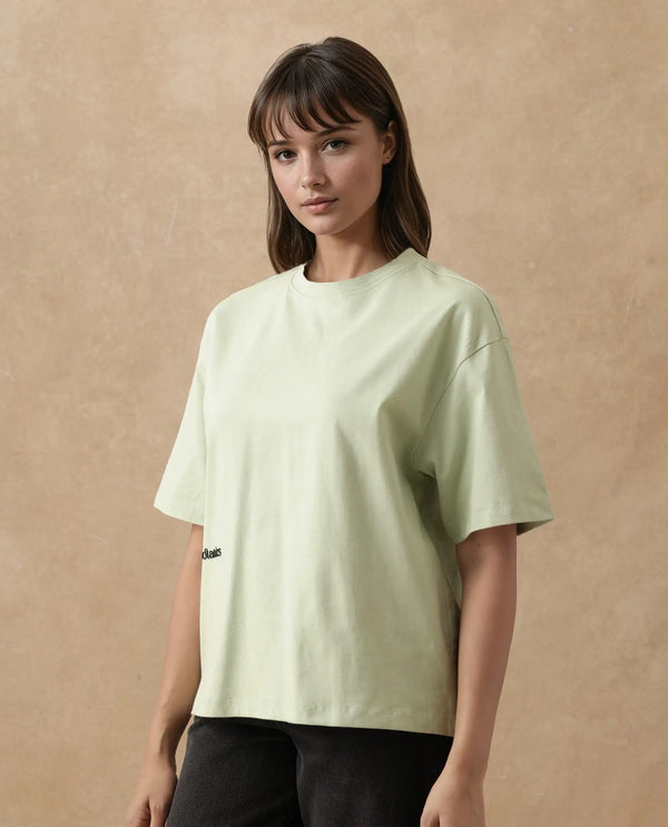 Rareism Women Olaf Pastel Green Cotton Fabric Short Sleeve Crew Neck Solid T-Shirt