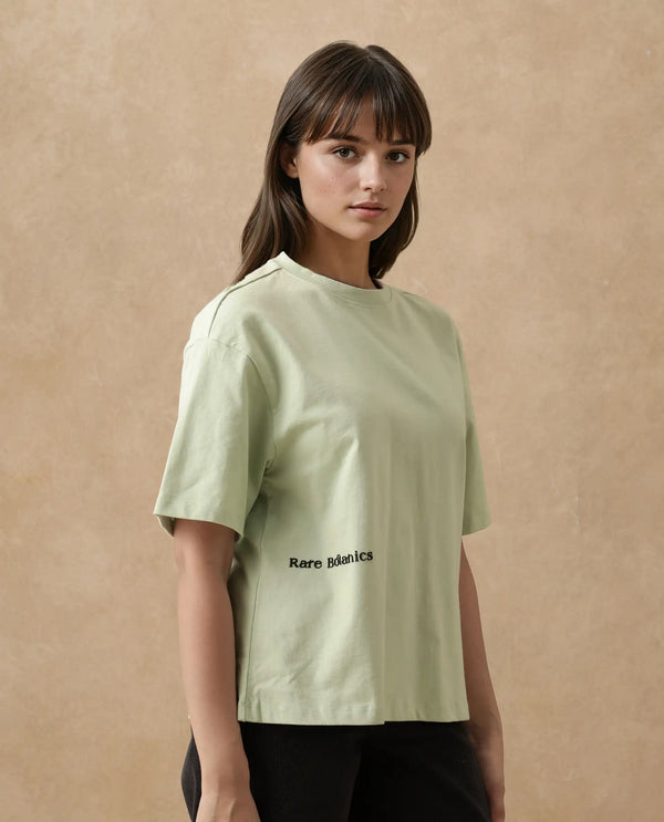 Rareism Women Olaf Pastel Green Cotton Fabric Short Sleeve Crew Neck Solid T-Shirt