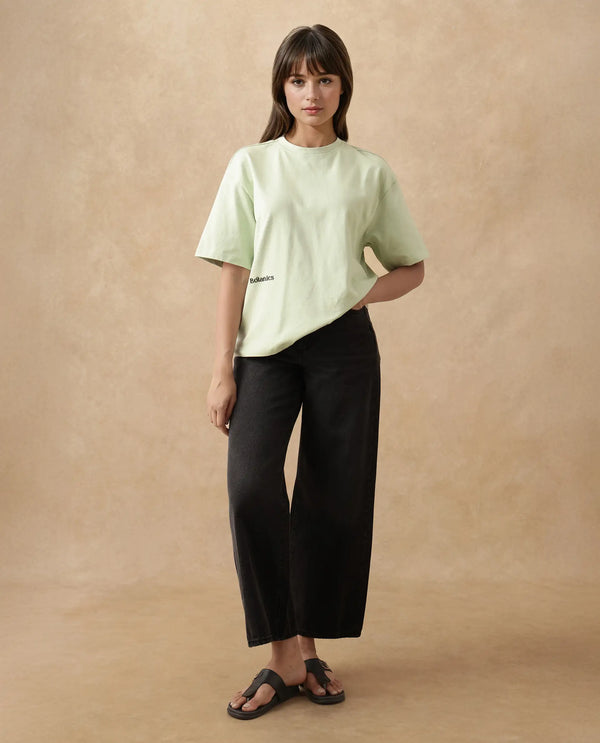 Rareism Women Olaf Pastel Green Cotton Fabric Short Sleeve Crew Neck Solid T-Shirt
