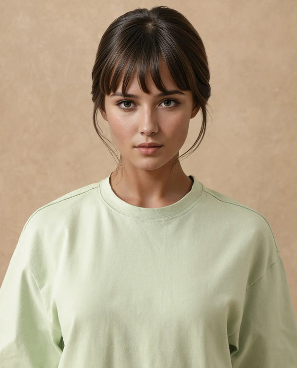 Rareism Women Olaf Pastel Green Cotton Fabric Short Sleeve Crew Neck Solid T-Shirt