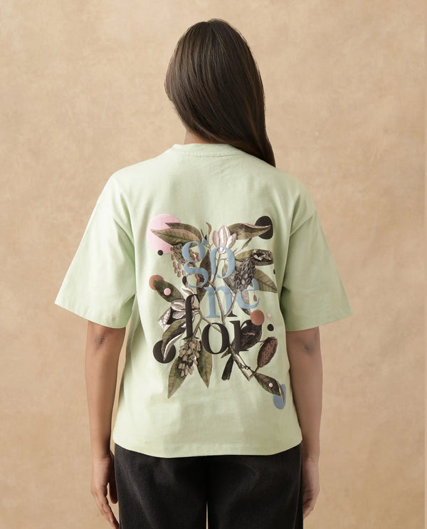 Rareism Women Olaf Pastel Green Cotton Fabric Short Sleeve Crew Neck Solid T-Shirt