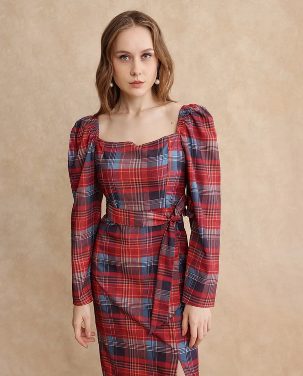Rareism Women's Olappo Multi  Square Neck Zipper Closure Leg O Mutton Sleeve Checked Bodycon Midi Dress