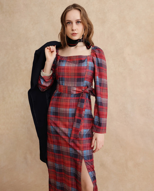 Rareism Women's Olappo Multi  Square Neck Zipper Closure Leg O Mutton Sleeve Checked Bodycon Midi Dress