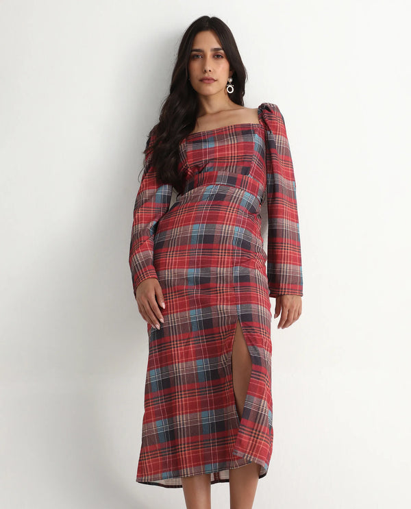 Rareism Women's Olappo Multi  Square Neck Zipper Closure Leg O Mutton Sleeve Checked Bodycon Midi Dress