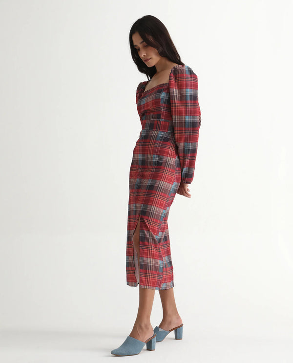 Rareism Women's Olappo Multi  Square Neck Zipper Closure Leg O Mutton Sleeve Checked Bodycon Midi Dress