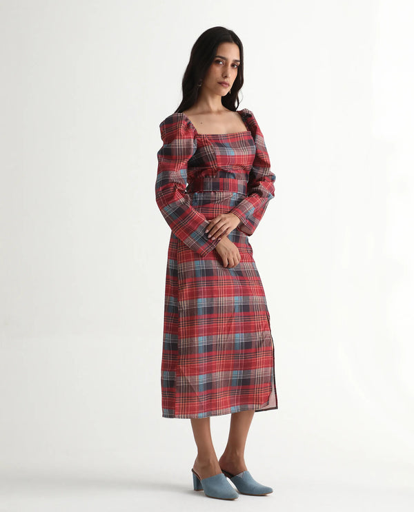 Rareism Women's Olappo Multi  Square Neck Zipper Closure Leg O Mutton Sleeve Checked Bodycon Midi Dress