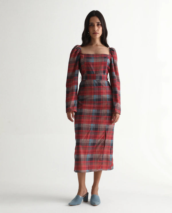 Rareism Women's Olappo Multi  Square Neck Zipper Closure Leg O Mutton Sleeve Checked Bodycon Midi Dress