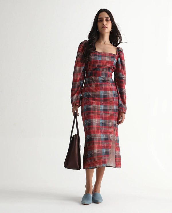 Rareism Women's Olappo Multi  Square Neck Zipper Closure Leg O Mutton Sleeve Checked Bodycon Midi Dress