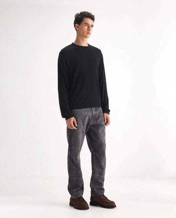 Rare Rabbit Men Oleg Dark Grey Cotton Fabric Mid Wash Cut and Sew Regular Fit Plain Denim Pant