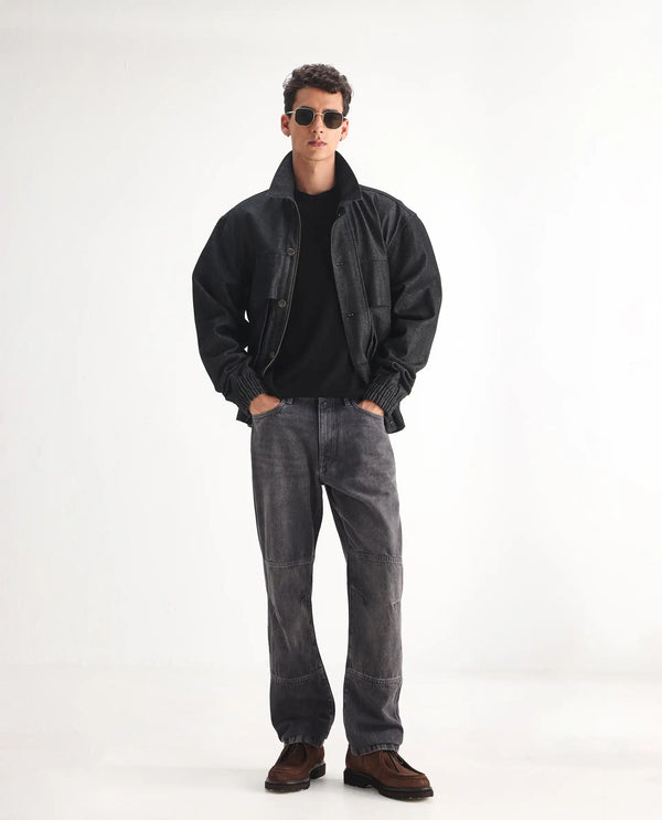 Rare Rabbit Men Oleg Dark Grey Cotton Fabric Mid Wash Cut and Sew Regular Fit Plain Denim Pant