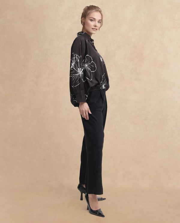 Rareism Women Olin Dark Brown Raglan Sleeves Collared Neck Floral Print Top