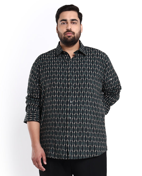 Rare Rabbit Mens Oliver Green Viscose Fabric Full Sleeves Geometric Print Shirt Plus Size