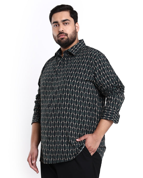 Rare Rabbit Mens Oliver Green Viscose Fabric Full Sleeves Geometric Print Shirt Plus Size