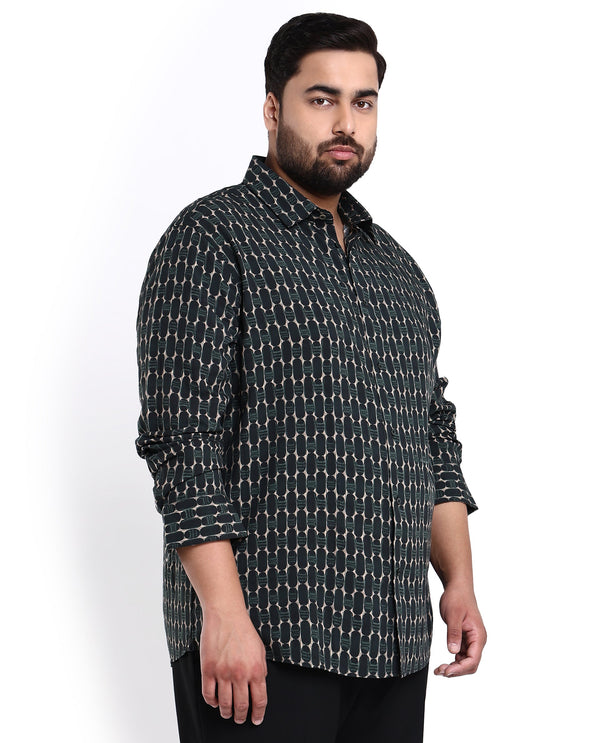 Rare Rabbit Mens Oliver Green Viscose Fabric Full Sleeves Geometric Print Shirt Plus Size