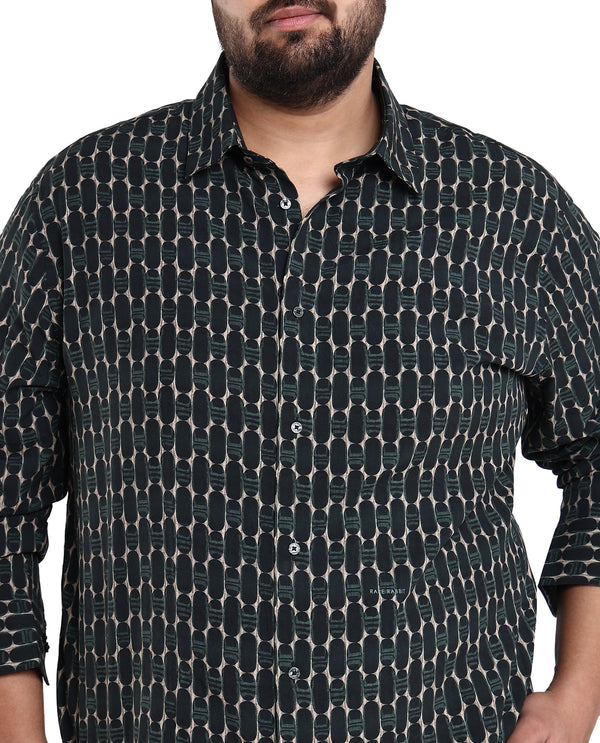 Rare Rabbit Mens Oliver Green Viscose Fabric Full Sleeves Geometric Print Shirt Plus Size