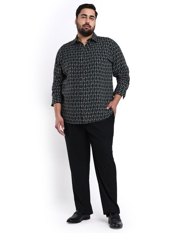 Rare Rabbit Mens Oliver Green Viscose Fabric Full Sleeves Geometric Print Shirt Plus Size
